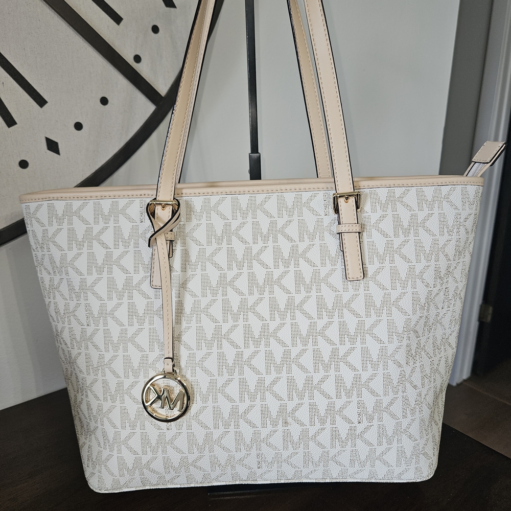 Michael Kors Cream & Beige Signature MK Tote with Gold Charm